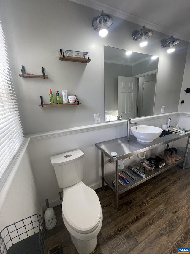 3133 Burnley Station Rd, Barboursville, VA 22923 - bathroom with wood finished floors, a wainscoted wall, toilet, ornamental molding, and vanity