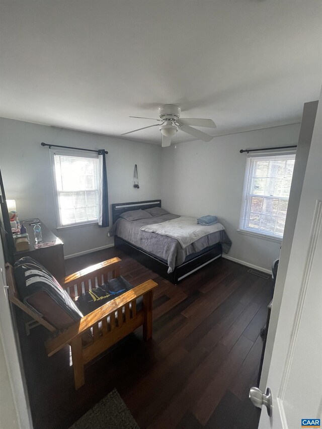 3133 Burnley Station Rd, Barboursville, VA 22923 - bedroom featuring multiple windows, dark wood-style floors, baseboards, and a ceiling fan