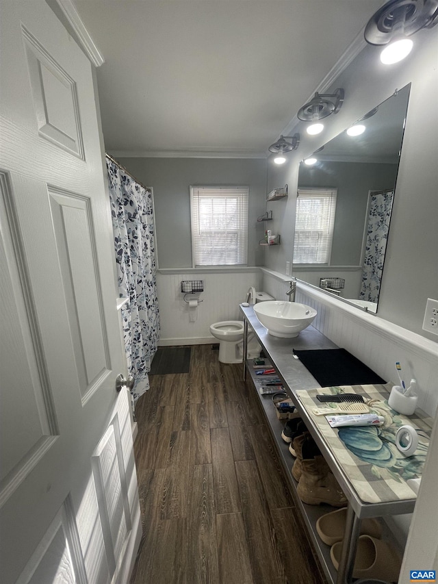 3133 Burnley Station Rd, Barboursville, VA 22923 - bathroom with crown molding, wood finished floors, toilet, vanity, and a wainscoted wall