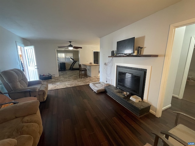 3133 Burnley Station Rd, Barboursville, VA 22923 - living area with wood finished floors, a glass covered fireplace, and a ceiling fan