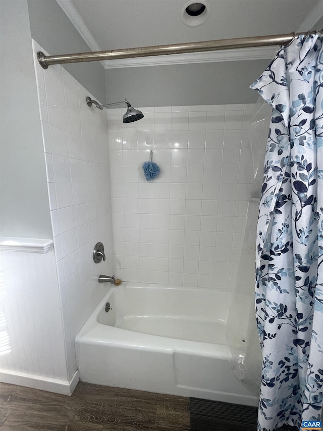 3133 Burnley Station Rd, Barboursville, VA 22923 - bathroom with crown molding, wood finished floors, and shower / bathtub combination with curtain