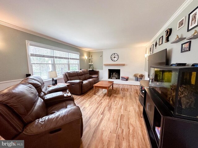 living room with a fireplace, light wood-style floors, and ornamental molding