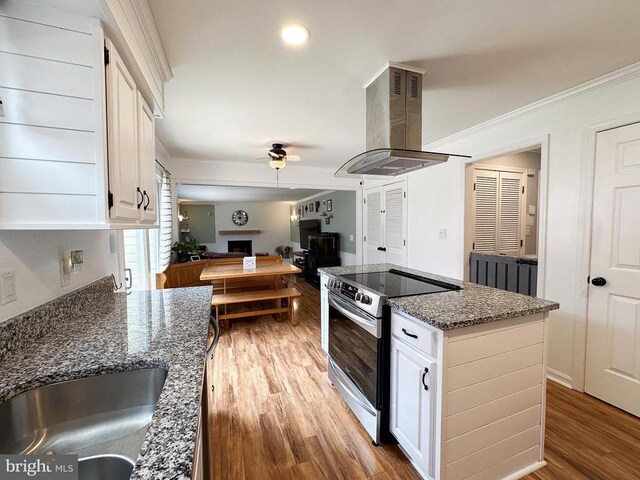 kitchen with stainless steel range with electric cooktop, ventilation hood, ceiling fan, a sink, and white cabinets