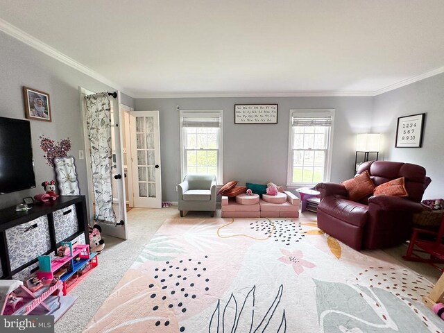 living area with healthy amount of natural light, crown molding, and carpet flooring