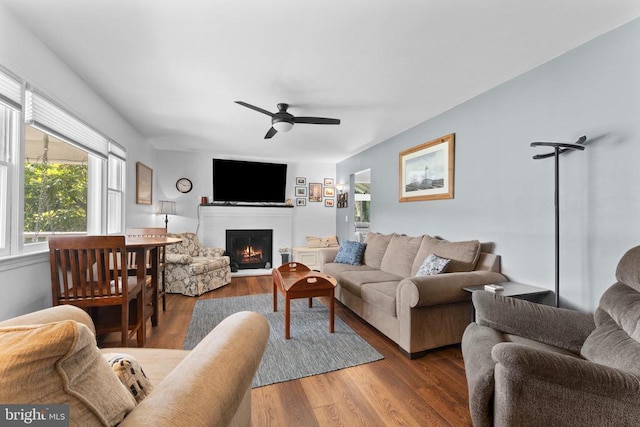 27478 Old Office Rd, Culpeper, VA 22701 - living room with wood finished floors, ceiling fan, and a lit fireplace