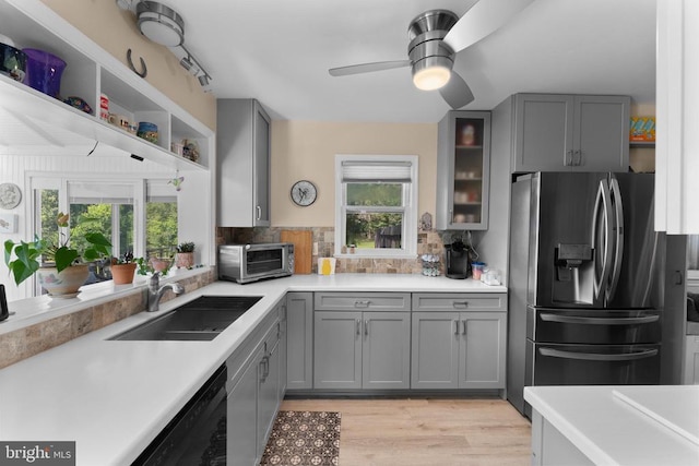 27478 Old Office Rd, Culpeper, VA 22701 - kitchen with stainless steel refrigerator with ice dispenser, gray cabinets, black dishwasher, and a ceiling fan