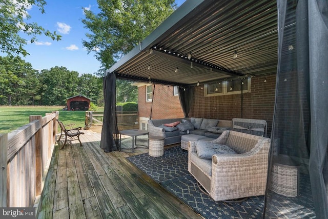 27478 Old Office Rd, Culpeper, VA 22701 - wooden terrace with outdoor lounge area, an outbuilding, and a yard