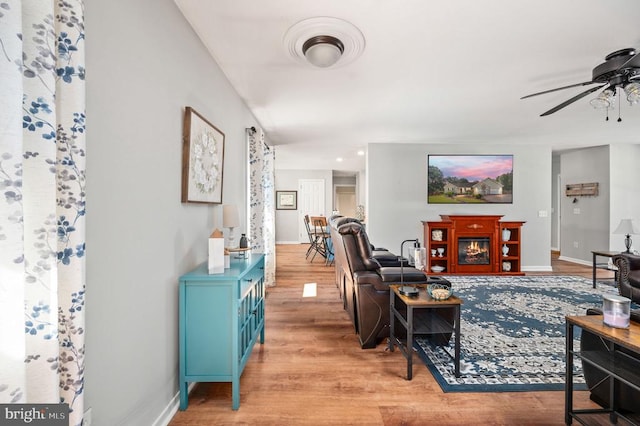 108 Shannon Glen Ct, Louisa, VA 23093 - living area with a ceiling fan, light wood-type flooring, and a lit fireplace
