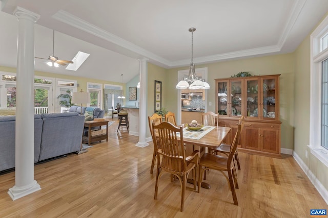143 Chapel Ct, Palmyra, VA 22963 - dining space featuring decorative columns, healthy amount of natural light, light wood-type flooring, and crown molding