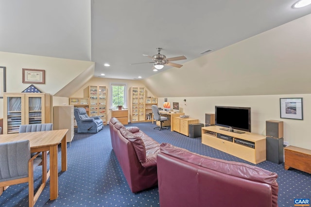 143 Chapel Ct, Palmyra, VA 22963 - carpeted living area featuring vaulted ceiling, ceiling fan, a desk, and recessed lighting