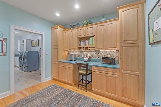 143 Chapel Ct, Palmyra, VA 22963 - kitchen featuring independent washer and dryer, light brown cabinetry, light wood-type flooring, tasteful backsplash, and recessed lighting