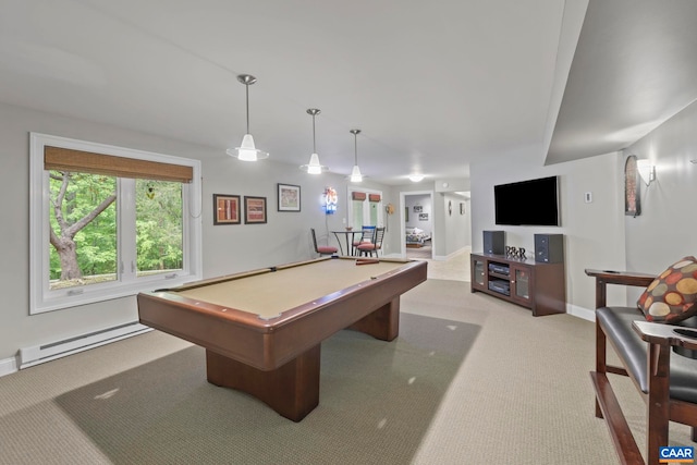 143 Chapel Ct, Palmyra, VA 22963 - game room featuring a baseboard radiator, light carpet, baseboards, and billiards table