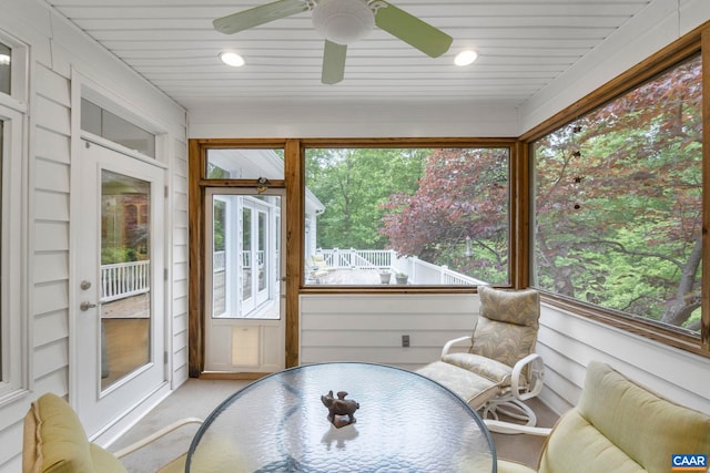 143 Chapel Ct, Palmyra, VA 22963 - sunroom featuring plenty of natural light, ceiling fan, outdoor dining area, recessed lighting, and wooden ceiling