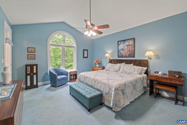 143 Chapel Ct, Palmyra, VA 22963 - bedroom with carpet floors, vaulted ceiling, baseboards, and a ceiling fan