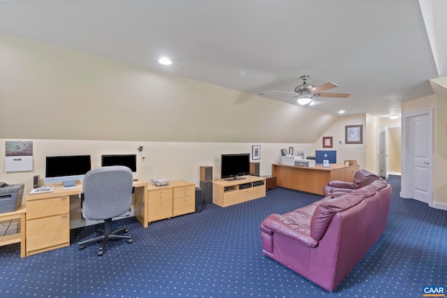 143 Chapel Ct, Palmyra, VA 22963 - carpeted living room with an office area, a ceiling fan, lofted ceiling, and recessed lighting