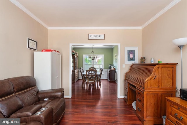 5930 Copper Mountain Dr W, Spotsylvania, VA 22553 - living room with baseboards, dark wood-type flooring, crown molding, and a chandelier