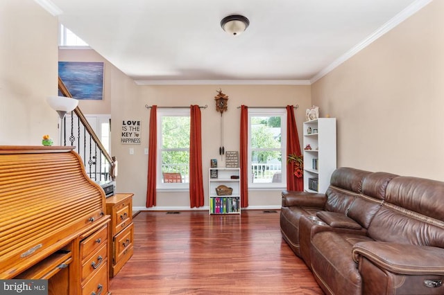 5930 Copper Mountain Dr W, Spotsylvania, VA 22553 - living area with dark wood-style floors, ornamental molding, stairs, and baseboards