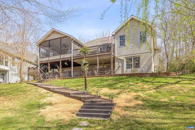 56 Wildwood Dr, Palmyra, VA 22963 - rear view of property with ceiling fan, stairway, a deck, and a yard