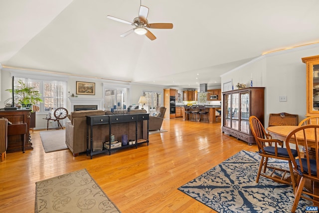 56 Wildwood Dr, Palmyra, VA 22963 - living room with a ceiling fan, lofted ceiling, ornamental molding, light wood-style floors, and recessed lighting