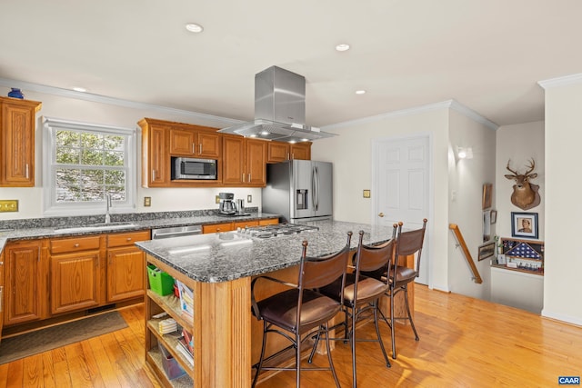 56 Wildwood Dr, Palmyra, VA 22963 - kitchen with stainless steel appliances, island exhaust hood, a kitchen island, a kitchen breakfast bar, and light wood-style floors