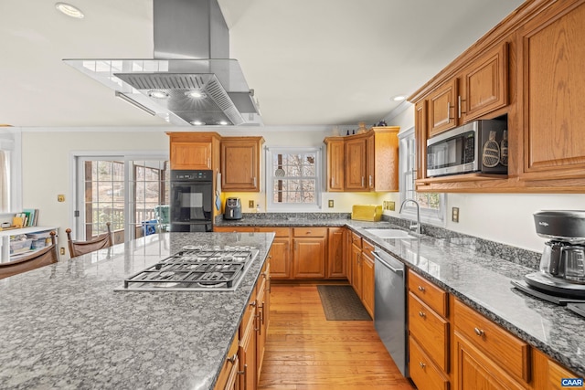 56 Wildwood Dr, Palmyra, VA 22963 - kitchen with island exhaust hood, appliances with stainless steel finishes, dark stone counters, crown molding, and light wood-style flooring