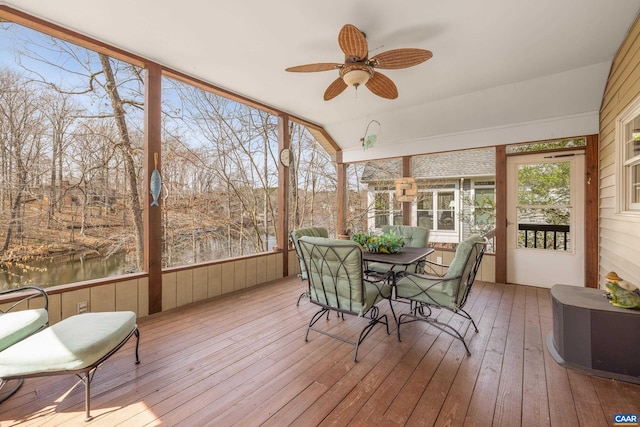 56 Wildwood Dr, Palmyra, VA 22963 - sunroom with ceiling fan, a water view, outdoor dining area, and vaulted ceiling