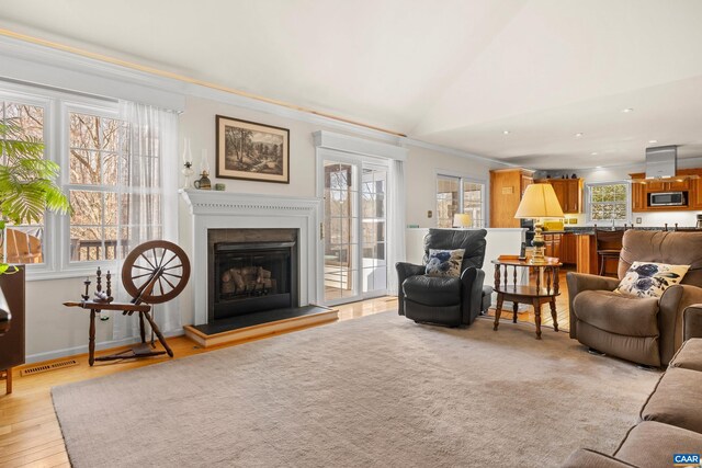 56 Wildwood Dr, Palmyra, VA 22963 - living room featuring a fireplace with raised hearth, plenty of natural light, ornamental molding, vaulted ceiling, and light wood-type flooring