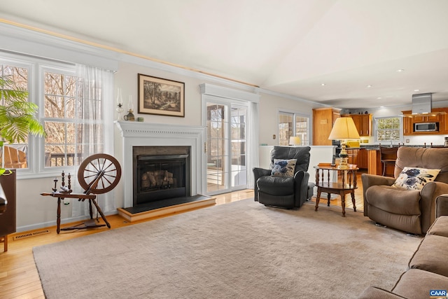 56 Wildwood Dr, Palmyra, VA 22963 - living room featuring a fireplace with raised hearth, plenty of natural light, ornamental molding, vaulted ceiling, and light wood-type flooring