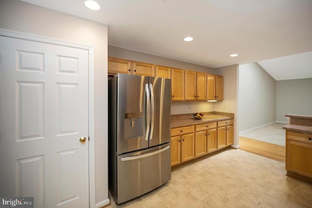 317 Edgehill Dr, Locust Grove, VA 22508 - kitchen featuring stainless steel refrigerator with ice dispenser, light flooring, baseboards, recessed lighting, and light countertops