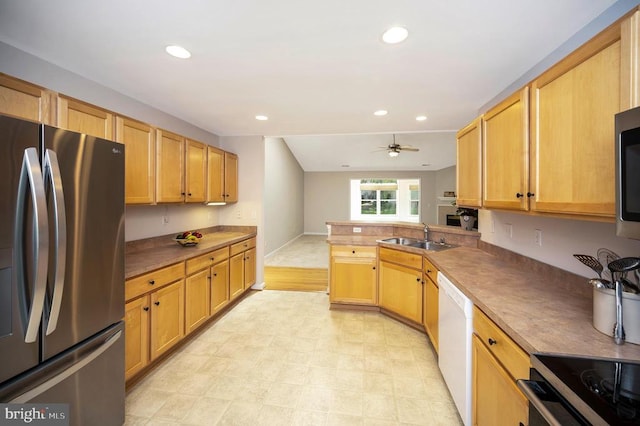 317 Edgehill Dr, Locust Grove, VA 22508 - kitchen with stainless steel appliances, a sink, ceiling fan, a peninsula, and recessed lighting