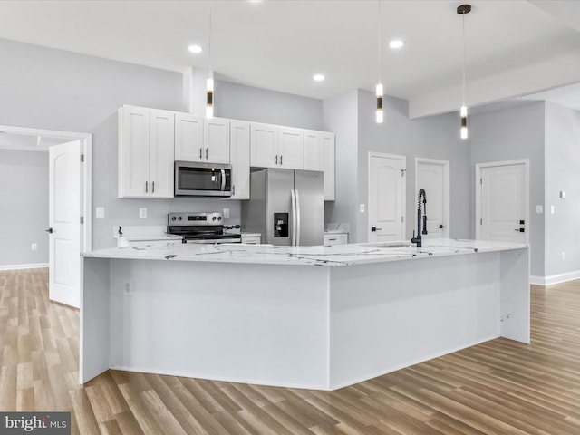 91 Arthur Ln, Luray, VA 22835 - kitchen with appliances with stainless steel finishes, a large island, light wood-style floors, a sink, and recessed lighting