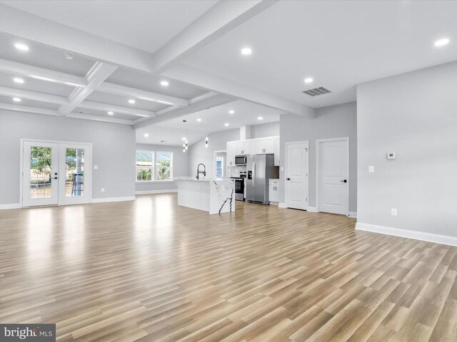 91 Arthur Ln, Luray, VA 22835 - unfurnished living room featuring recessed lighting, light wood-style floors, beam ceiling, baseboards, and coffered ceiling