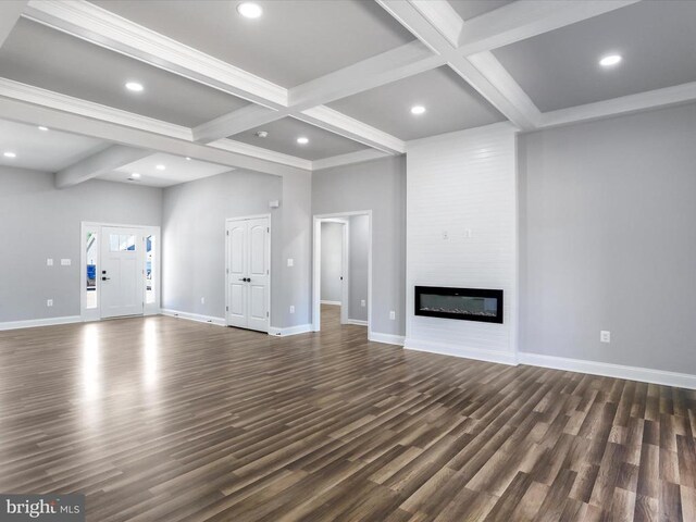 91 Arthur Ln, Luray, VA 22835 - unfurnished living room featuring coffered ceiling, dark wood-style flooring, baseboards, beam ceiling, and recessed lighting