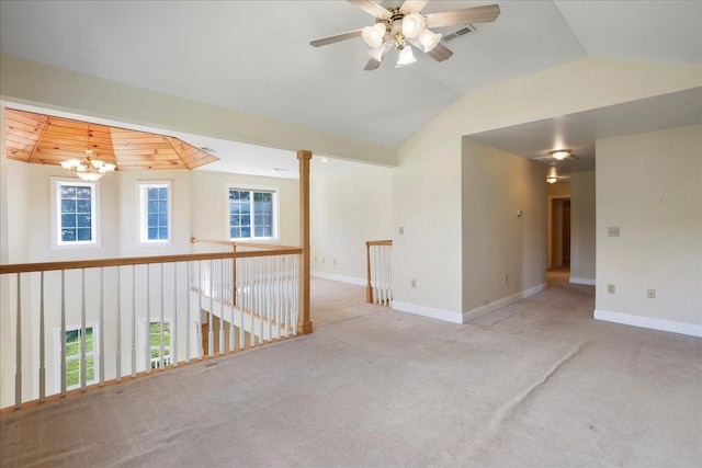 114 Meagans Run Rd, Woodstock, VA 22664 - carpeted spare room with lofted ceiling, a chandelier, healthy amount of natural light, and a ceiling fan