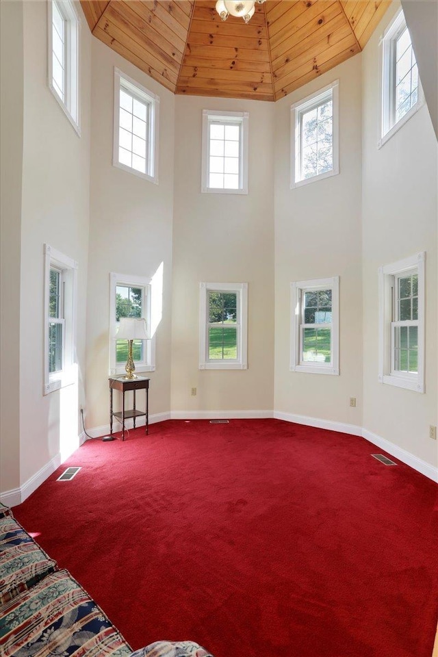 114 Meagans Run Rd, Woodstock, VA 22664 - unfurnished living room with wooden ceiling, high vaulted ceiling, and carpet floors