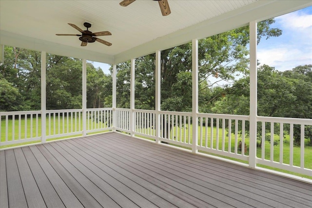 114 Meagans Run Rd, Woodstock, VA 22664 - unfurnished sunroom featuring ceiling fan and view of wooded area