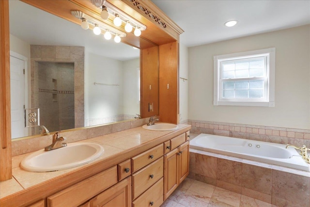 114 Meagans Run Rd, Woodstock, VA 22664 - bathroom with a garden tub, double vanity, and a tile shower