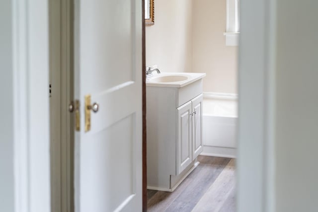 bathroom featuring wood finished floors, vanity, and a bath