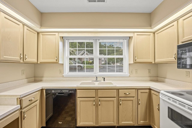127 Emerald Dr, Harrisonburg, VA 22801 - kitchen featuring dishwasher, a sink, white range with electric stovetop, and light brown cabinetry