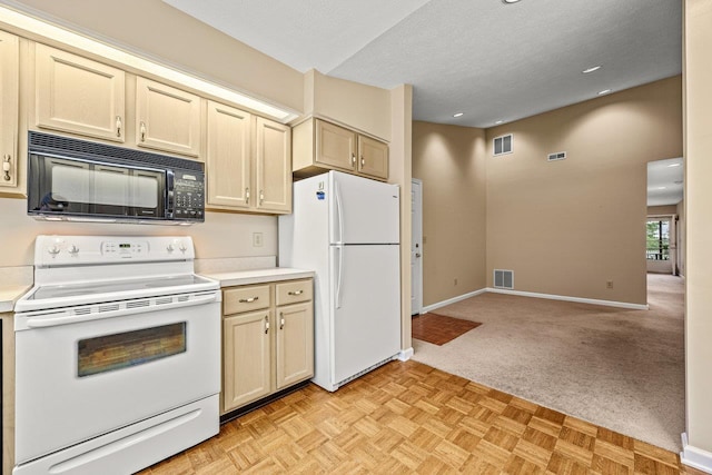 127 Emerald Dr, Harrisonburg, VA 22801 - kitchen with white appliances, light carpet, light countertops, baseboards, and a textured ceiling