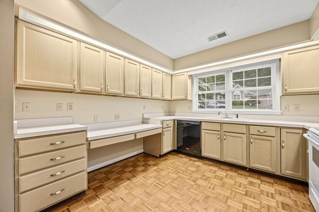 127 Emerald Dr, Harrisonburg, VA 22801 - kitchen featuring black dishwasher, a sink, light countertops, a textured ceiling, and built in desk