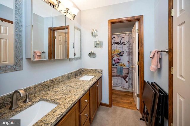 bathroom with double vanity, radiator, and baseboards