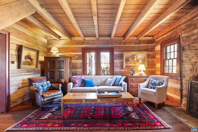 7122 Harris Mountain Ln, Dyke, VA 22935 - living area featuring wood-type flooring, wooden walls, and a wood ceiling with exposed beams