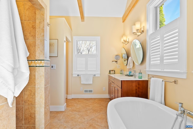 7122 Harris Mountain Ln, Dyke, VA 22935 - full bathroom featuring a freestanding bath, vanity, tile patterned flooring, and beam ceiling