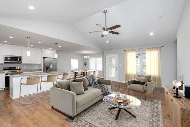 121 Lake View Cir, Waynesboro, VA 22980 - living area featuring a ceiling fan, light wood-style floors, lofted ceiling, and recessed lighting