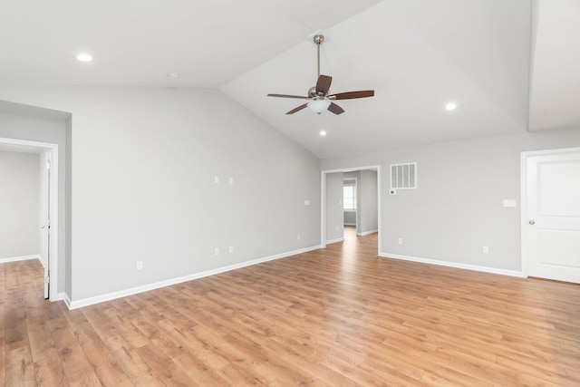 121 Lake View Cir, Waynesboro, VA 22980 - unfurnished living room featuring a ceiling fan, lofted ceiling, light wood-style flooring, recessed lighting, and visible vents