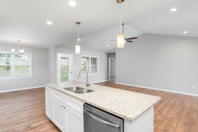 121 Lake View Cir, Waynesboro, VA 22980 - kitchen featuring a sink, ceiling fan with notable chandelier, open floor plan, stainless steel dishwasher, and baseboards