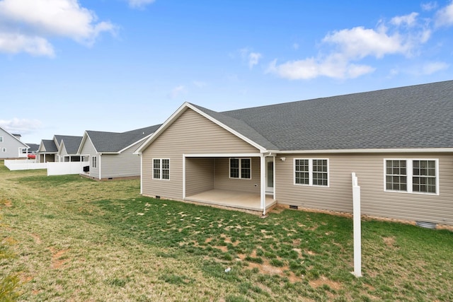 121 Lake View Cir, Waynesboro, VA 22980 - rear view of house with a lawn, a patio area, roof with shingles, and crawl space