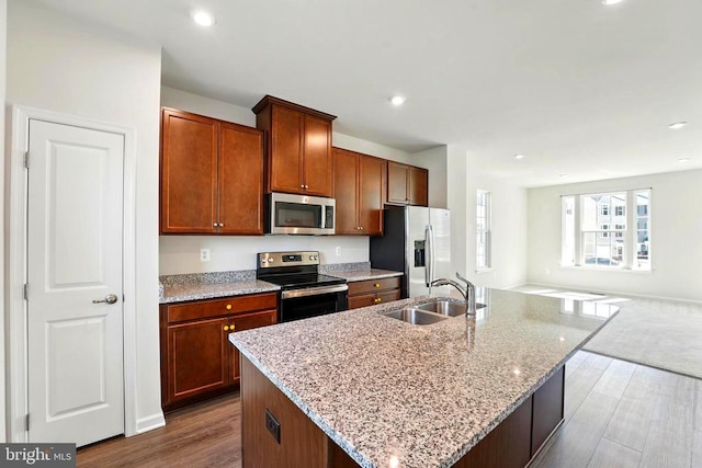 kitchen with appliances with stainless steel finishes, a sink, wood finished floors, open floor plan, and a kitchen island with sink