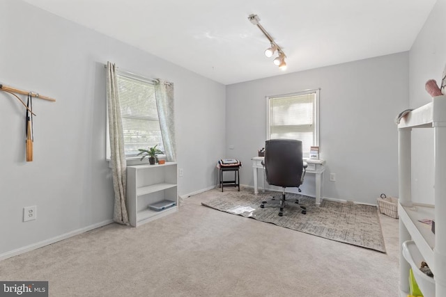  - carpeted home office with healthy amount of natural light and rail lighting